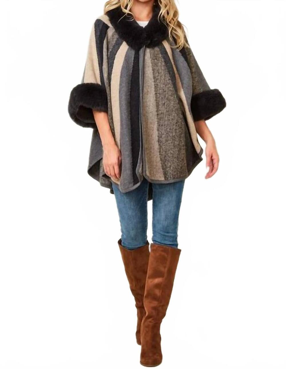 NEW ON BLUE multi color stripe fur accent poncho sweater in grey